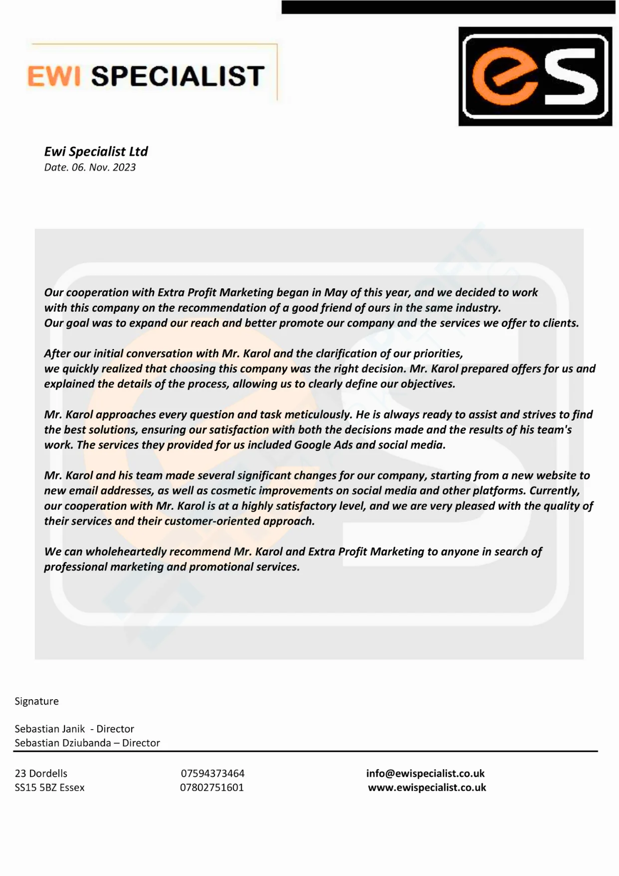 10. Ewi Specialist Ltd - Oficjalna Opinia Dla Extra Profit Marketing Ltd 2023 Opinia od EWI Specialists na temat współpracy z firmą Extra Profit Marketing.