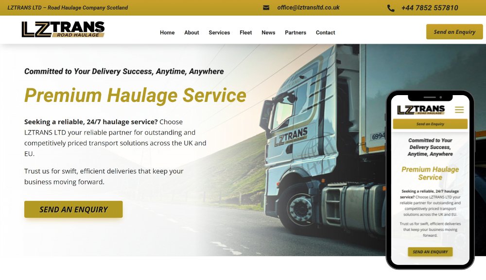 Strona główna firmy LZ Trans oferującej usługi transportowe w UK i UE.